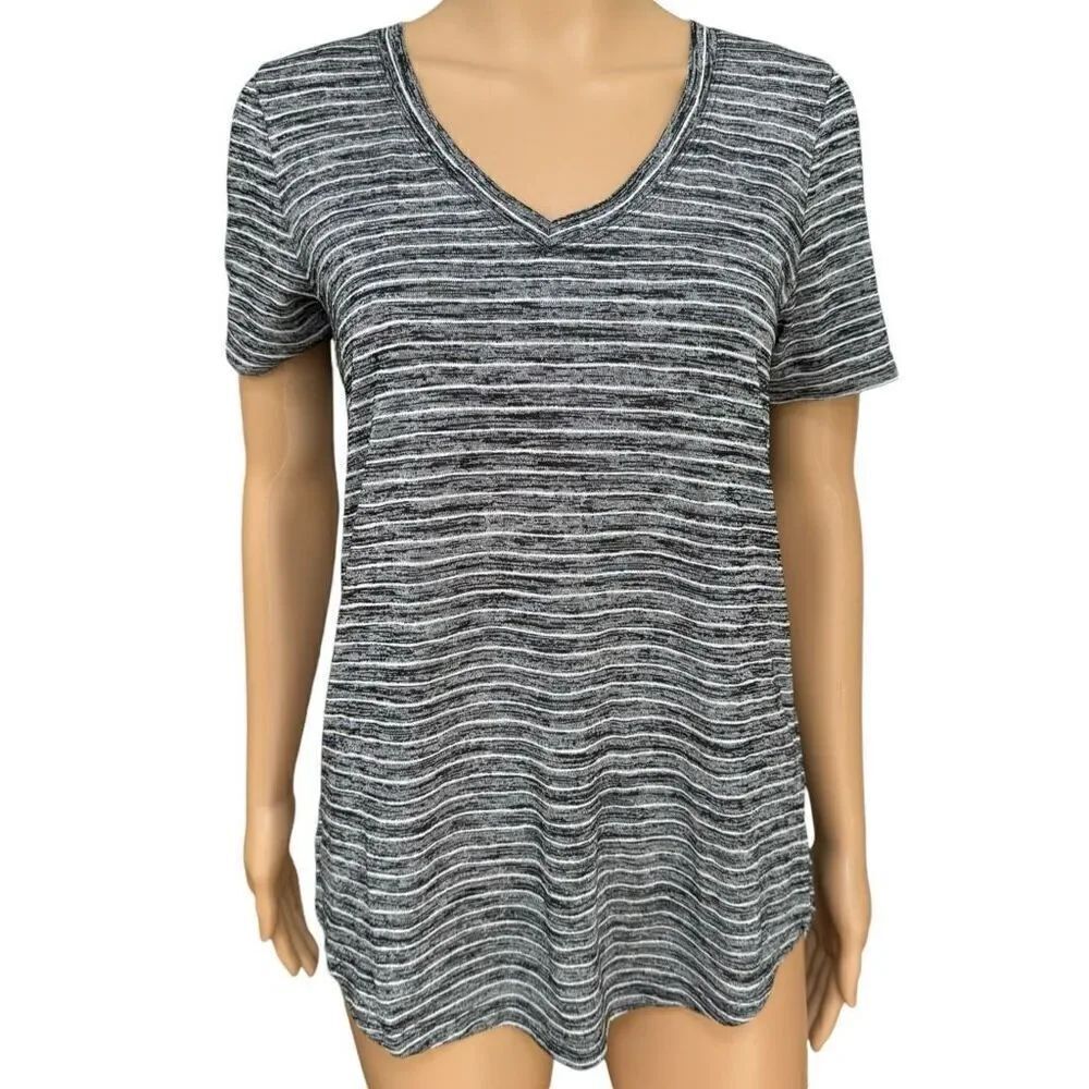 Athleta Tee Shirt Women's Gray White Striped Short Sleeve V-Neck Tee size S